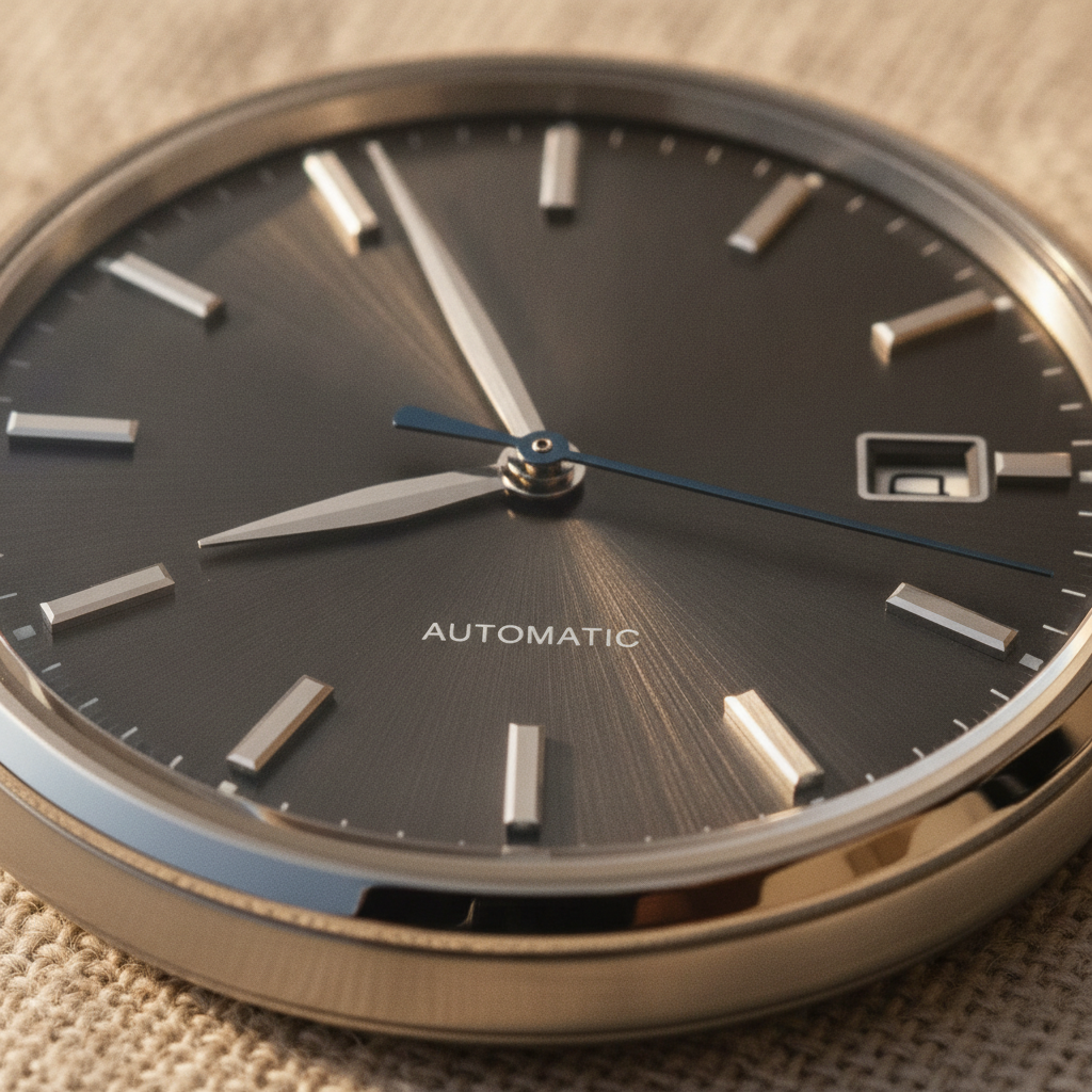 Extreme macro shot of the textured dial and polished hands of a mechanical wristwatch, highlighting fine engravings and material quality, under focused, directional light emphasizing craftsmanship.