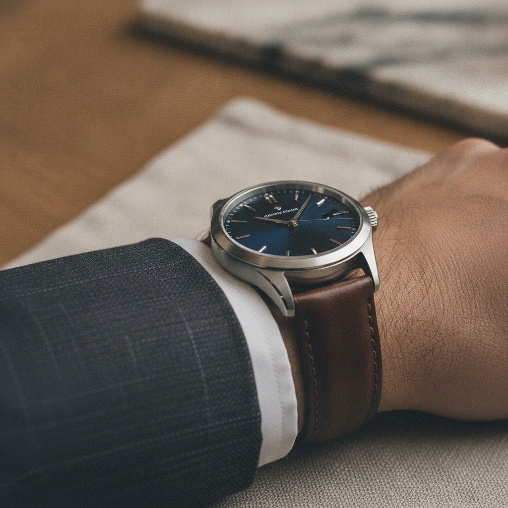 A sophisticated mechanical wristwatch elegantly worn on a stylish wrist, subtly peeking out from a tailored suit cuff in a dimly lit, high-end cafe, captured with a soft, natural light and a discerning eye.