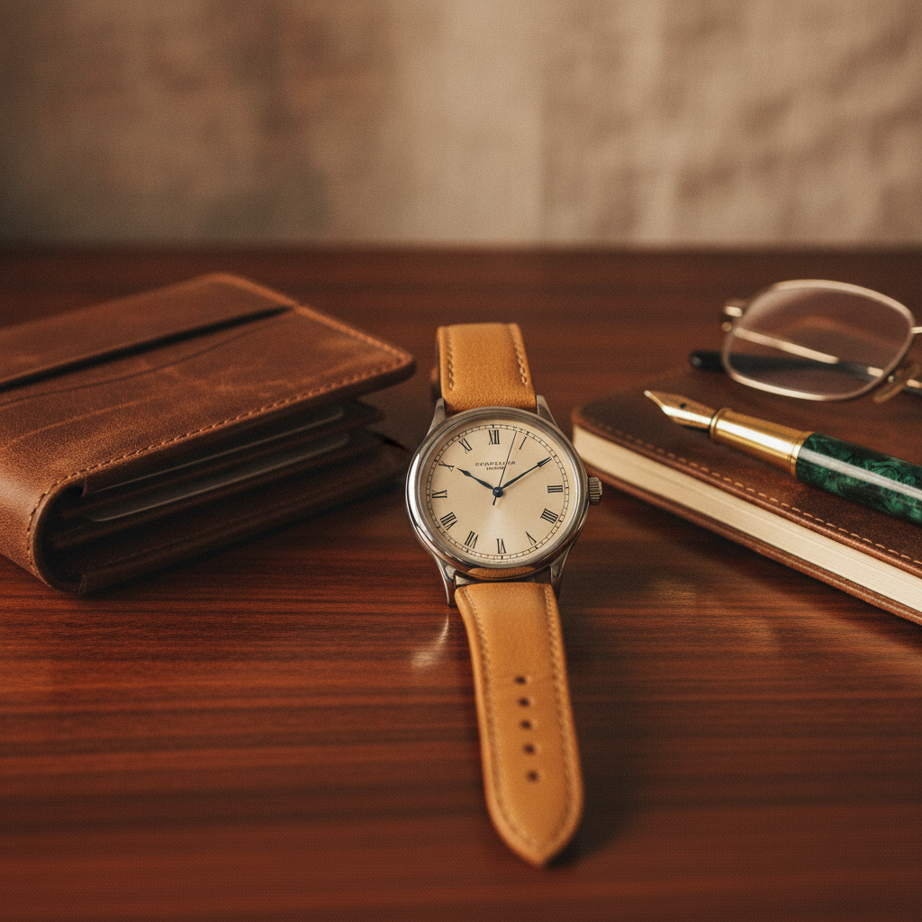 A classic mechanical wristwatch artfully arranged with complementary accessories like a leather wallet and an antique fountain pen on a polished dark wood surface, bathed in warm, ambient light.
