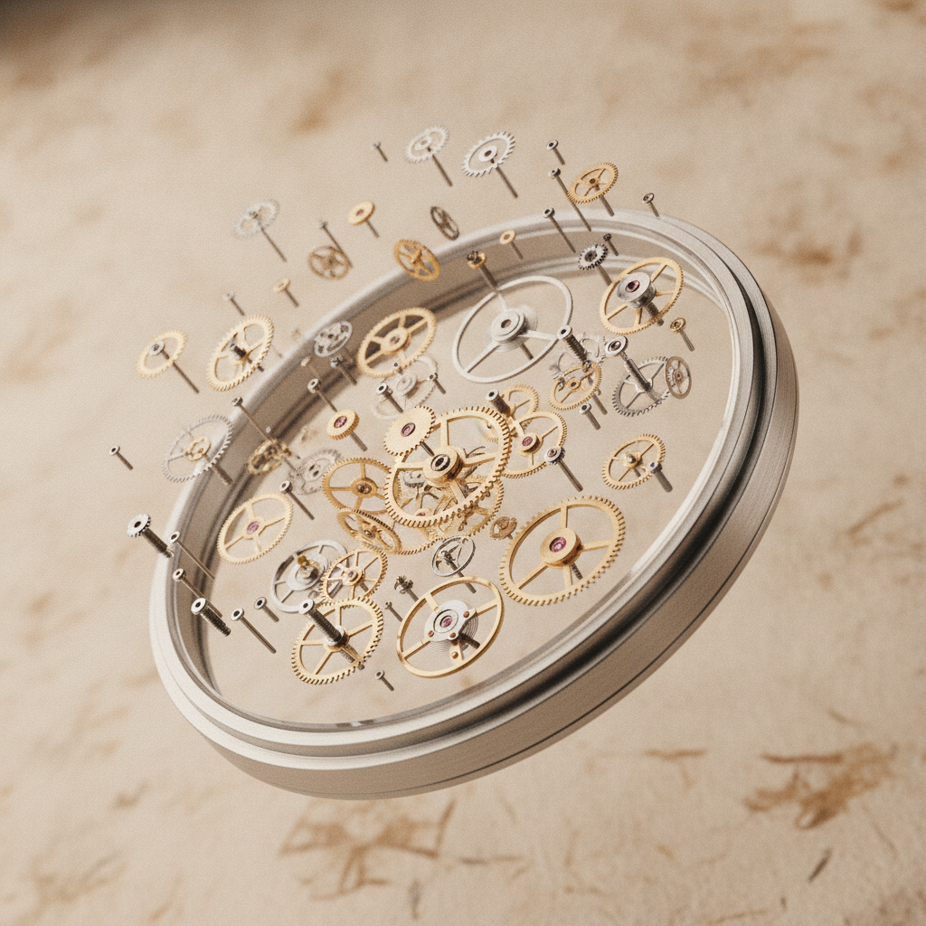 A detailed mechanical wristwatch, exploded view showing its intricate internal gears, springs, and cogs, with parts floating precisely in a clean studio environment under bright, even illumination, rendered with a shallow depth of field.