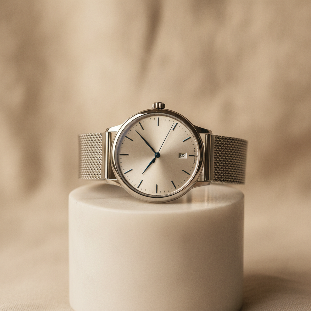 A pristine mechanical wristwatch showcased on a minimalist pedestal in a bright, modern studio, with crisp reflections and soft, diffused lighting, emphasizing its sleek design.
